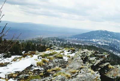 Scenic view of snow covered mountains against sky