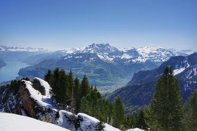 Scenic view of snowcapped mountains against clear sky