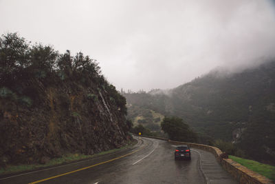 Car moving on road by mountain during foggy weather at sequoia national park