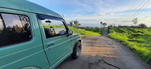 Car on road amidst trees on field against sky