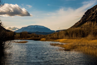 Scenic view of lake and mountains against sky