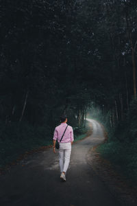 Rear view of man walking on footpath