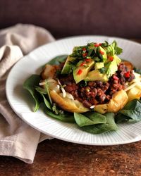 High angle view of salad in plate on table