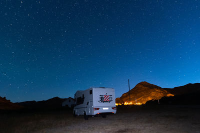 Motorhome parked under milky way near asturias, spain. travel campervan milky way.