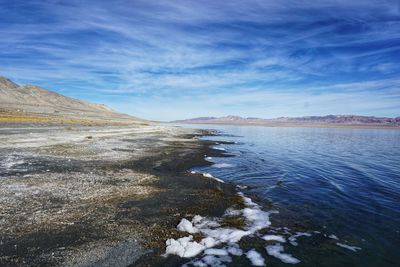 Idyllic shoreline of a desert salt lake in the nevada desert