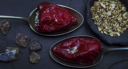 High angle view of paprika in bowl on table