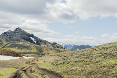 View of amazing landscape in iceland while trekking famous laugavegur trail