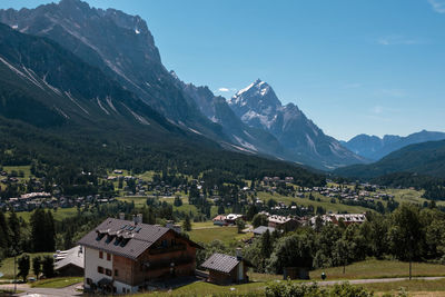 Scenic view of mountains and buildings against sky