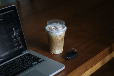 High angle view of coffee served on table