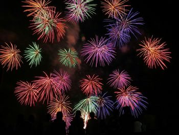 Silhouette people against colorful firework exploding in sky