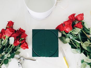 High angle view of rose bouquet on table