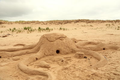 Funny sandcastle in the shape of an octopus, magdalen islands beach, quebec, canada