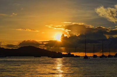 Silhouette sailboats in sea against sky during sunset