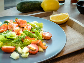 High angle view of breakfast served on table