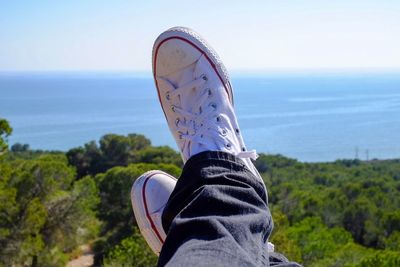 Low section of man over landscape and sea against clear sky