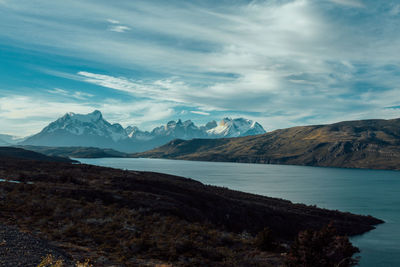 Scenic view of lake and mountains against sky