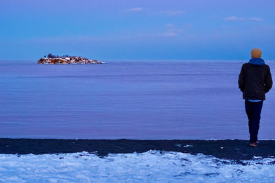 Rear view of man standing on sea shore against sky