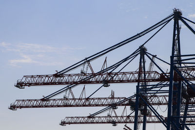 Low angle view of crane against sky