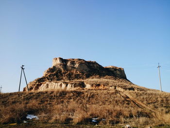 Low angle view of rocky mountain against clear blue sky