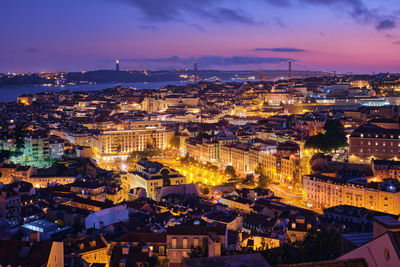 High angle view of townscape against sky during sunset