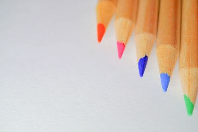 Close-up of colored pencils against white background