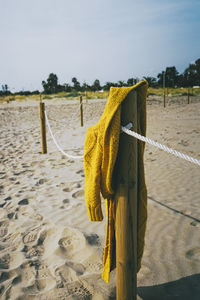 Rear view of woman standing at beach against sky