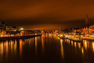 Reflection of buildings in water at night