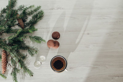 Directly above shot of christmas decorations on table