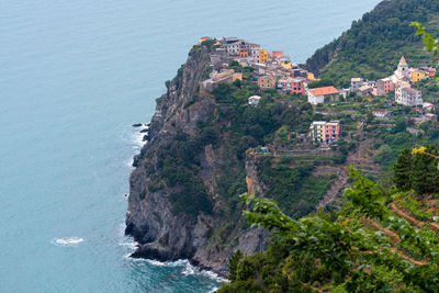 High angle view of sea by cliff