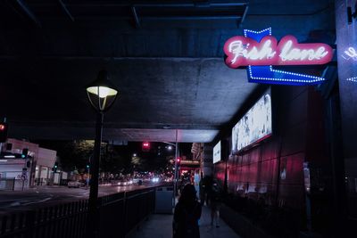 People walking on illuminated street light at night