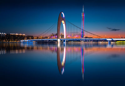 Illuminated bridge over river at night