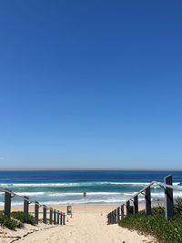 Scenic view of beach against clear blue sky