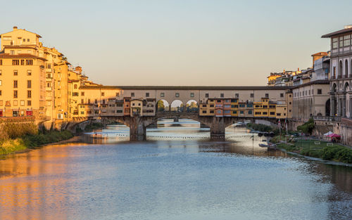 Buildings by river against clear sky