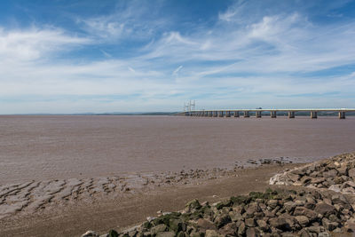 Bridge at sandy severn beach against sky