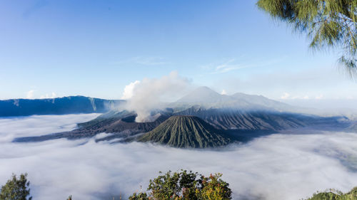 Panoramic view of volcanic landscape against sky