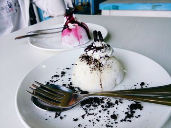 Close-up of dessert served on table