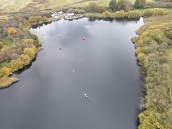 High angle view of lake by trees