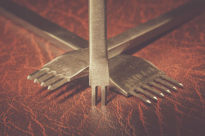 High angle view of equipment on table