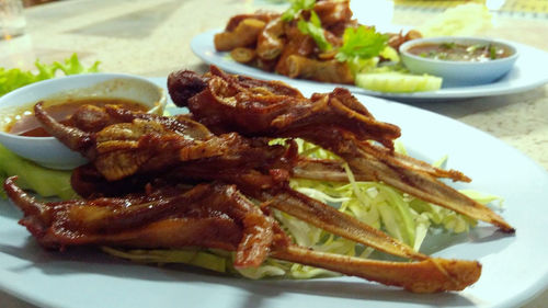 High angle view of food in plate on table