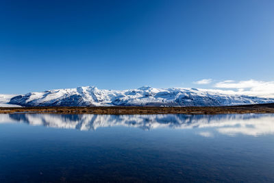 Scenic view of lake against clear blue sky