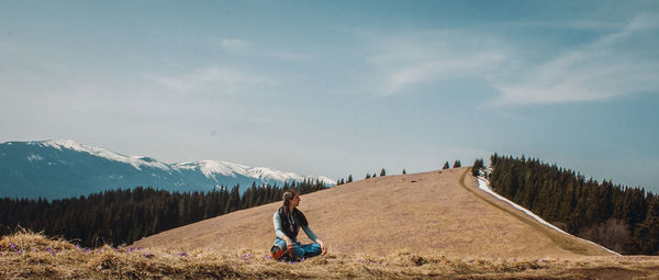 Hiking and meditation among mountains scenic photography