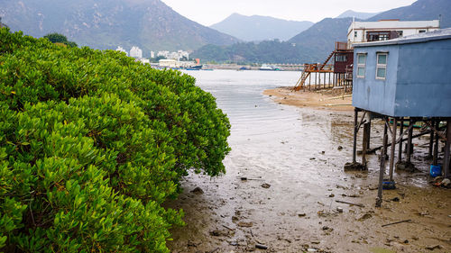 Scenic view of beach against buildings