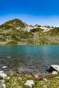 Scenic view of lake and rocks against blue sky