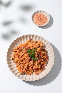 High angle view of food in plate