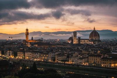 High angle view of city at sunset