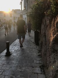 Rear view of people walking on street in city