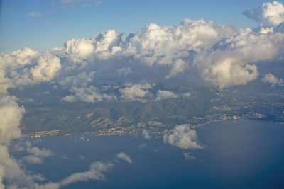 Aerial view of clouds over landscape against sky