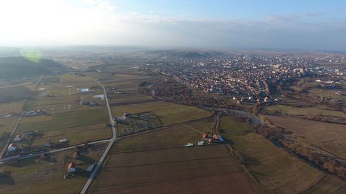 Aerial view of city against sky