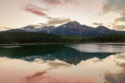 Scenic view of lake by mountains against sky