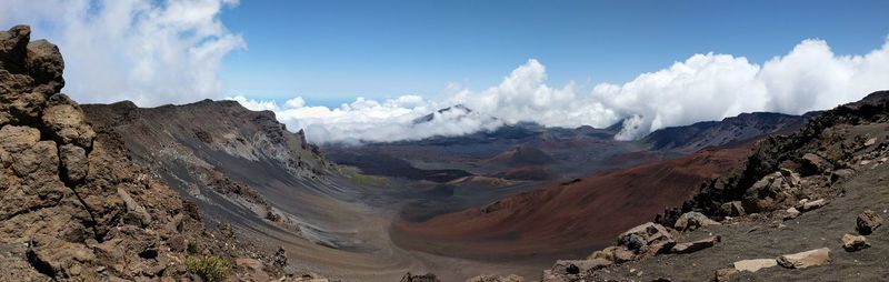 Panoramic view of landscape and mountains against sky